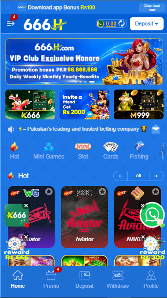 666H Game homepage banner featuring APK download, registration, login, bonuses, and casino games for players in Pakistan.
