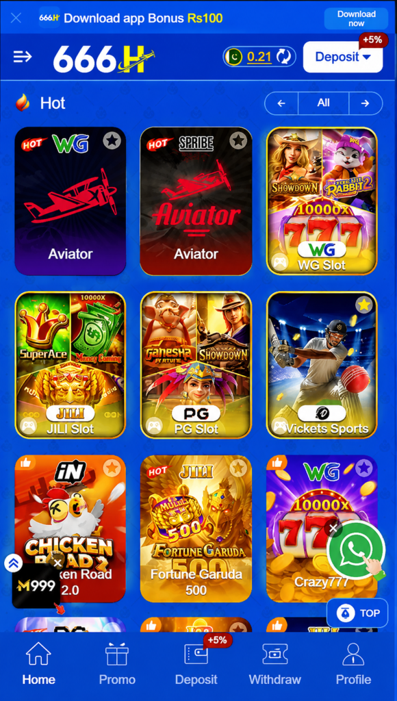 666H App game lobby showing Aviator, slots, sports and popular games