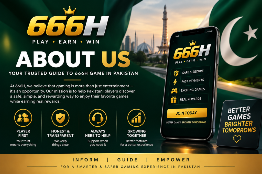 666H About Us banner featuring the 666H Game logo, secure gaming, rewards, and trusted guides for players in Pakistan.