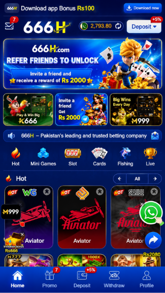 666H app homepage showing games, promotions, deposit and withdrawal options
